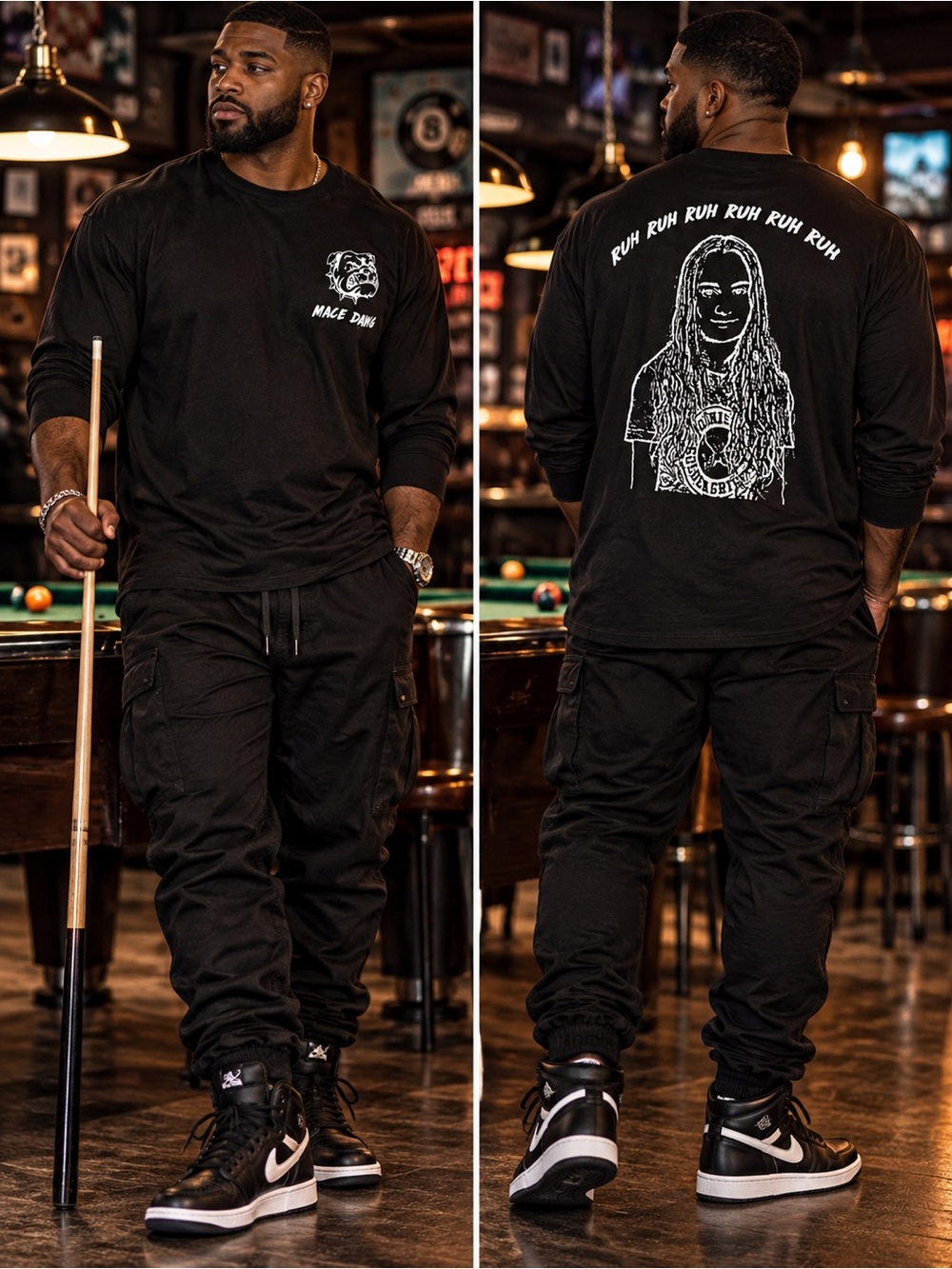 Hanes Mace Dawg Black Graphic Long Sleeve T-Shirt Size XL